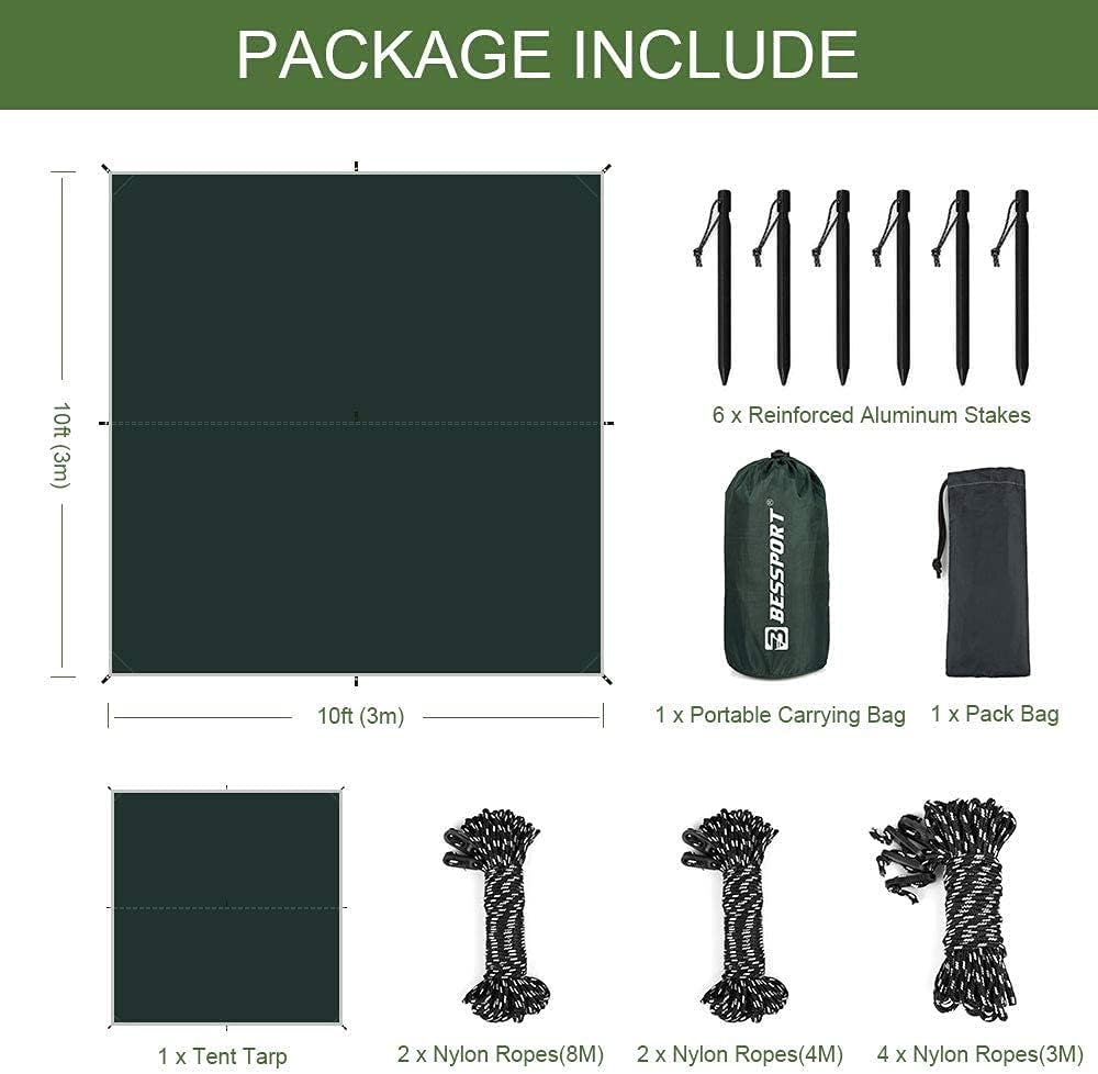 Bessport Zeltplane, Camping Zelt Tarp 3m x 3m/3m x 4m Wasserdicht PU3000 mm Tarp für Hängematte, mit