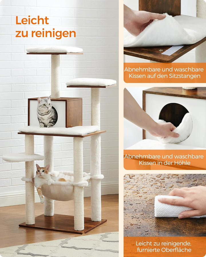 Feandrea Kratzbaum, 138 cm Katzenbaum, modern, mehrstöckiger Katzenkratzbaum, Kuschelhöhle, Sisalstä