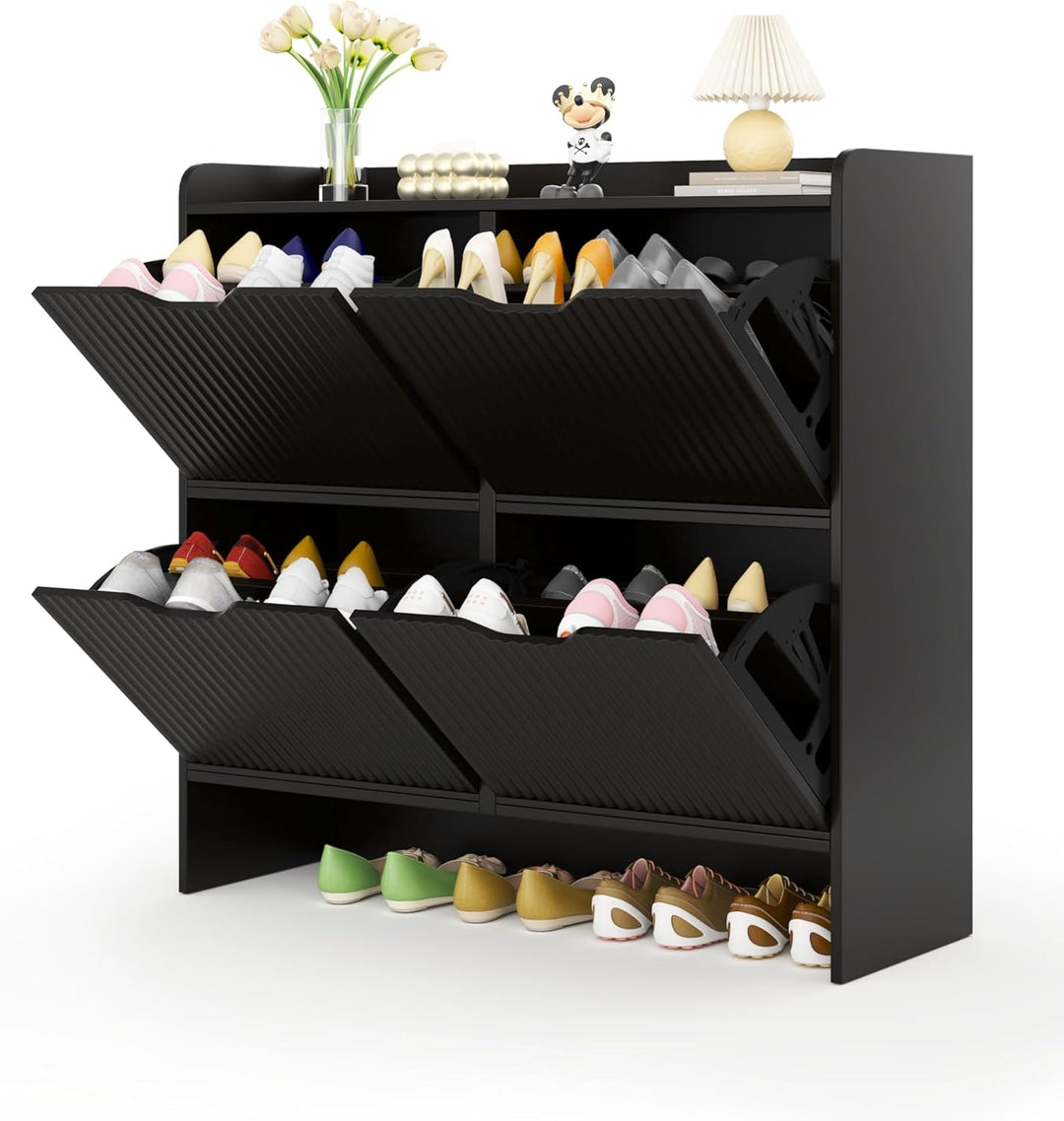 Garvis Schuhschrank mit 4 Klappen Schuhkipper Schubladen, Doppelfach, offenem oberen Fach und grosse