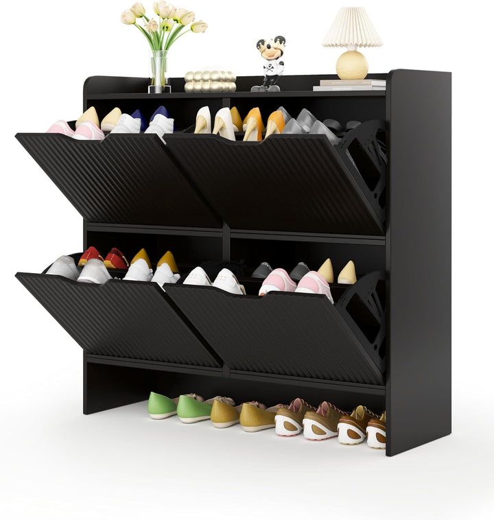 Garvis Schuhschrank mit 4 Klappen Schuhkipper Schubladen, Doppelfach, offenem oberen Fach und grosse