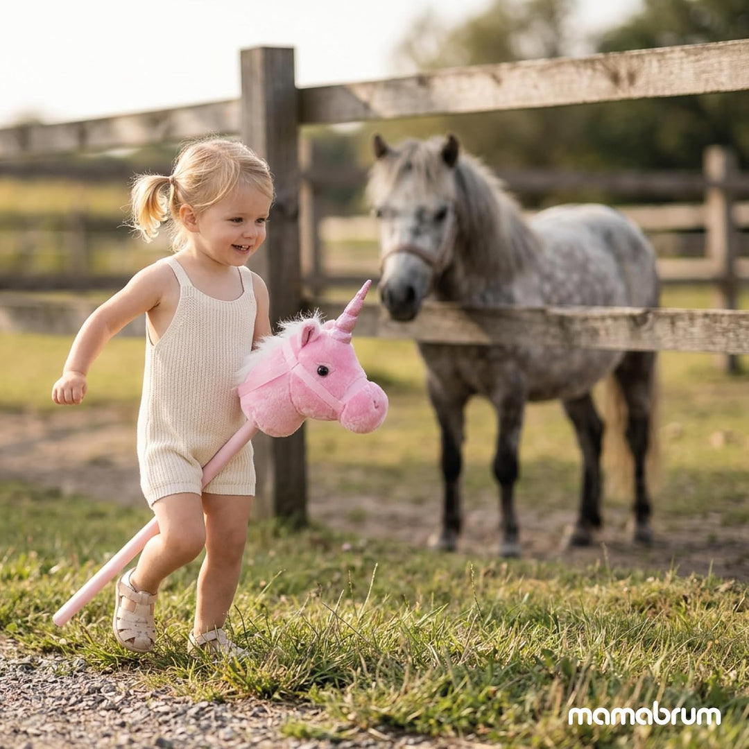 mamabrum Hobby Horse Einhorn Rosa Steckenpferd Kinder 80 cm | Magisches Einhorn mit Glitzerhorn, wei