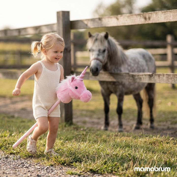 mamabrum Hobby Horse Einhorn Rosa Steckenpferd Kinder 80 cm | Magisches Einhorn mit Glitzerhorn, wei