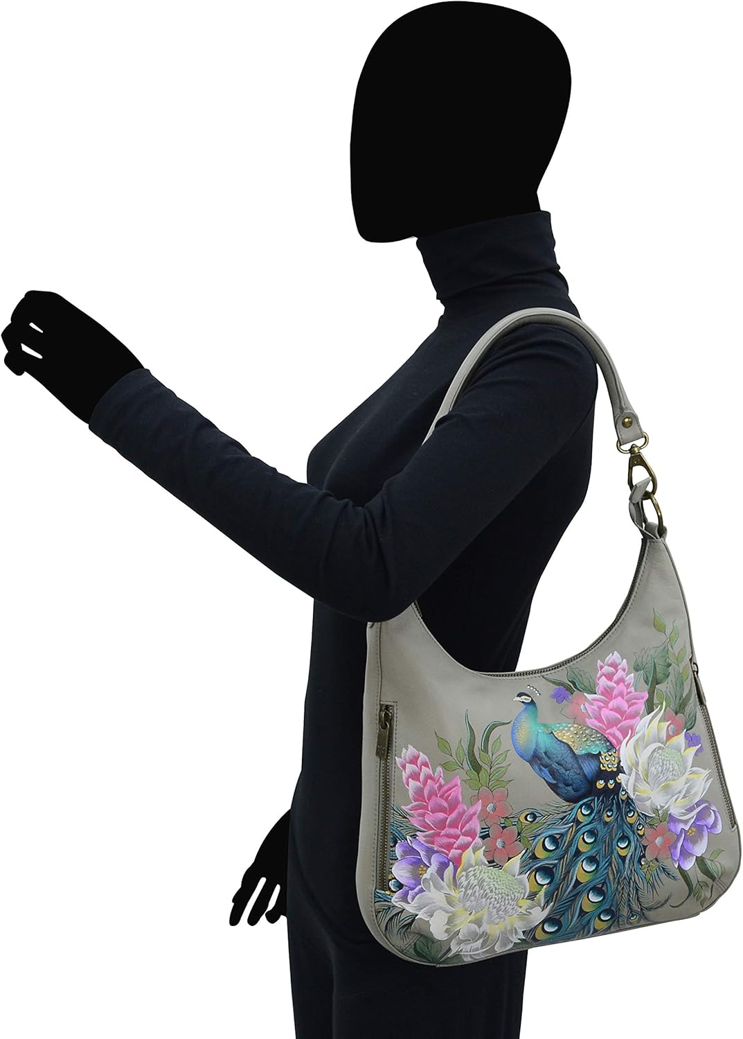 Anuschka Handbemalte Schmale Hobo Tasche, Erweiterbar, mit Crossbody Riemen Regal Pfau, Regal Pfau
