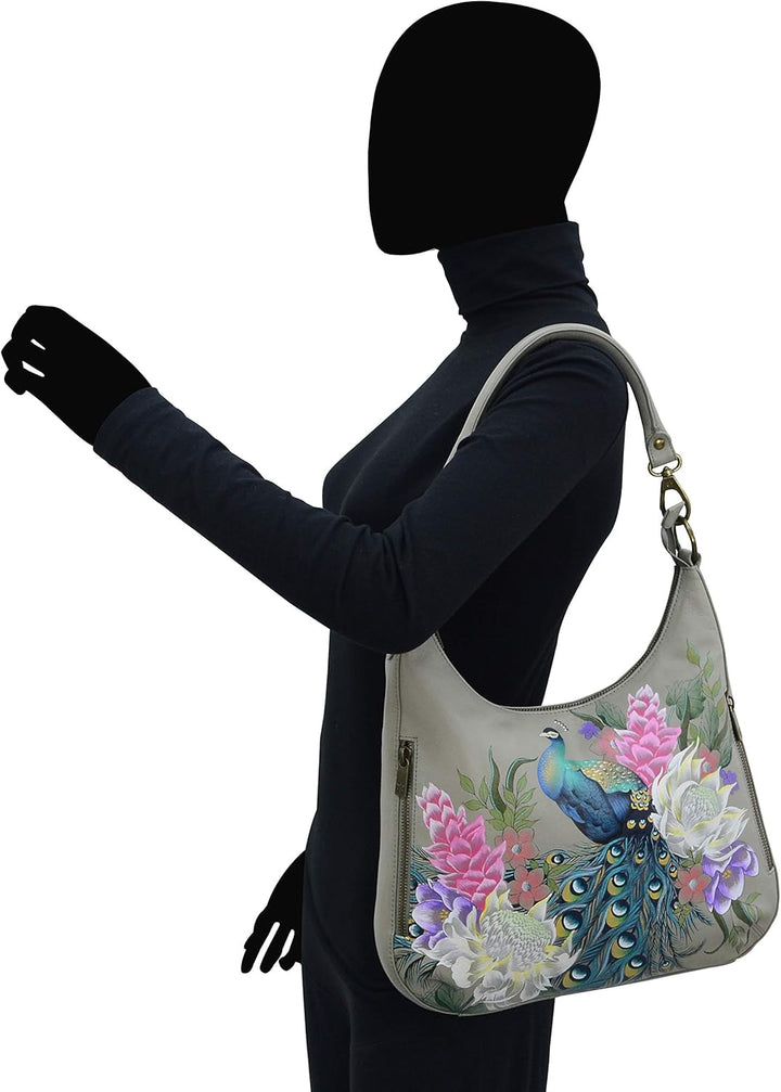 Anuschka Handbemalte Schmale Hobo Tasche, Erweiterbar, mit Crossbody Riemen Regal Pfau, Regal Pfau