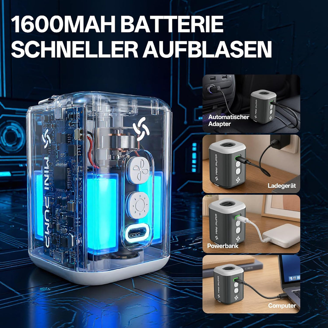 Tragbare Mini-Luftpumpe Elektrisch mit Licht, 1600mAh Batterie, 5 Düsen, für Luftmatratze, Schwimmri