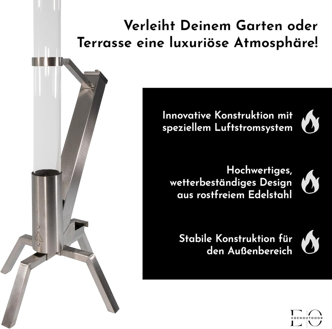 Edenoutdoor Pelletfackel Edelstahl – Feuerrohr mit Glasröhre, Feuersäule für Garten & Terrasse, deko