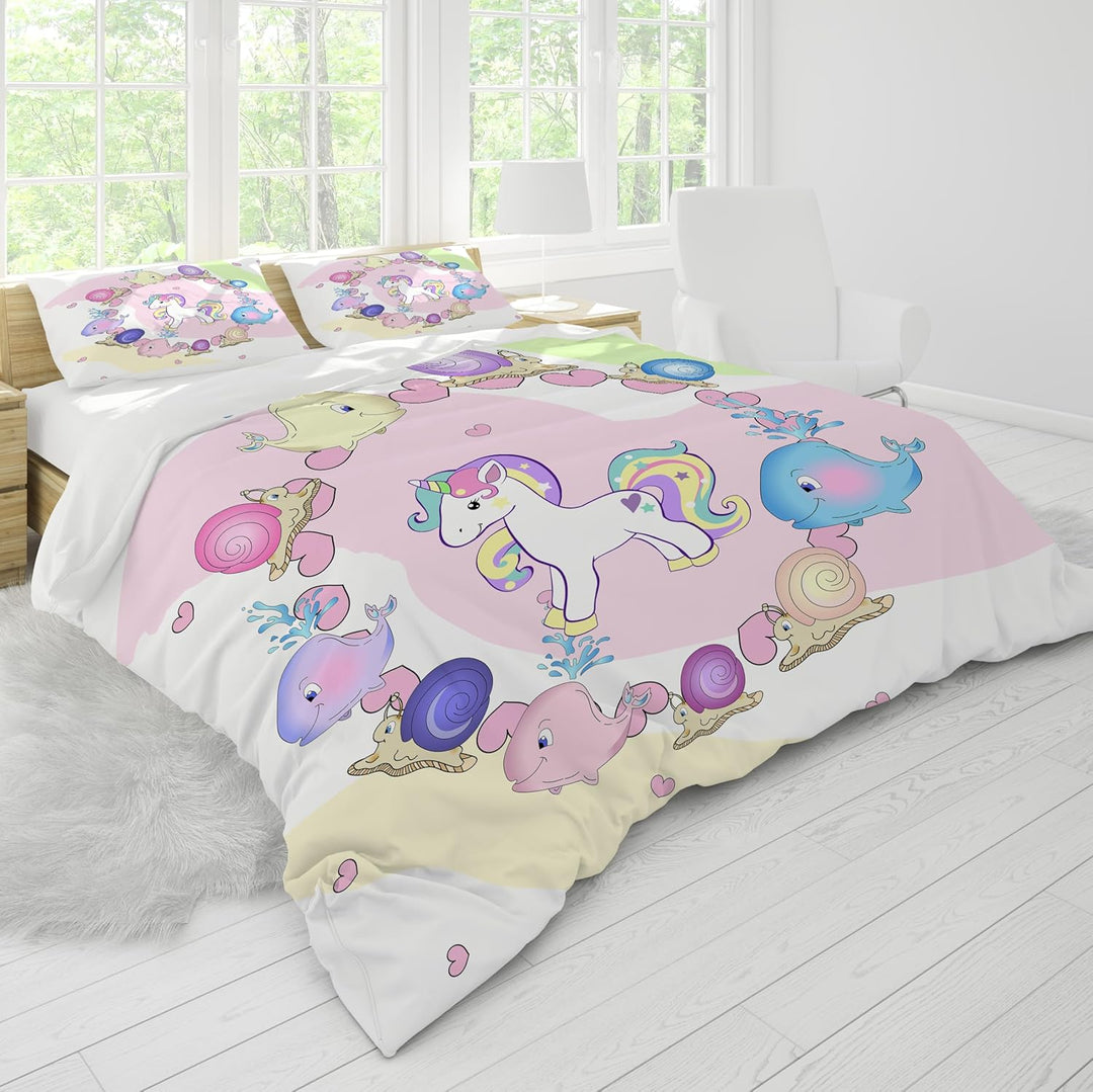 Hoimlm Einhorn Bettwäsche,Kinder Bettwäsche Set mit Bettbezug and 2 Kissenbezug,Cartoon Einhorn mikr