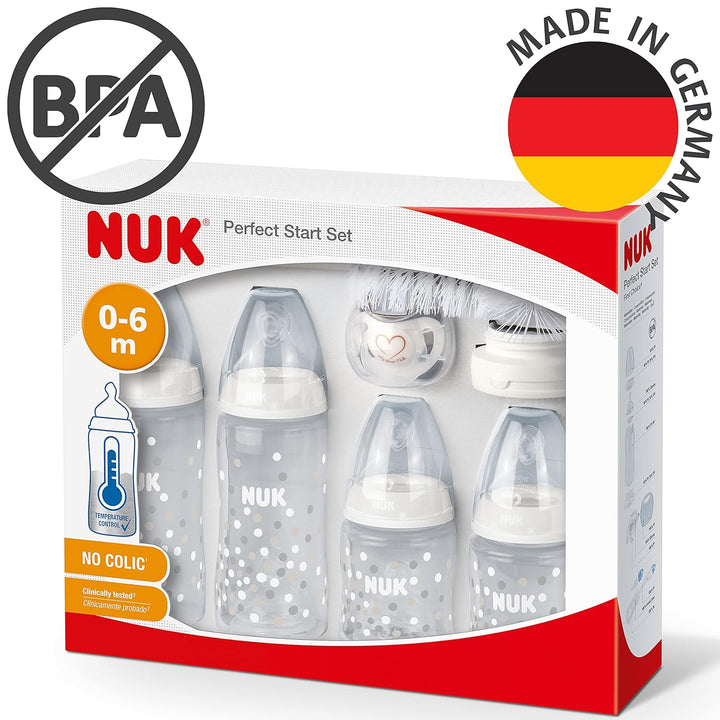 NUK Perfect Start First Choice+ Baby Bottles Set, 0-18 Months, 4 Temperature Control Bottles, Dummy,