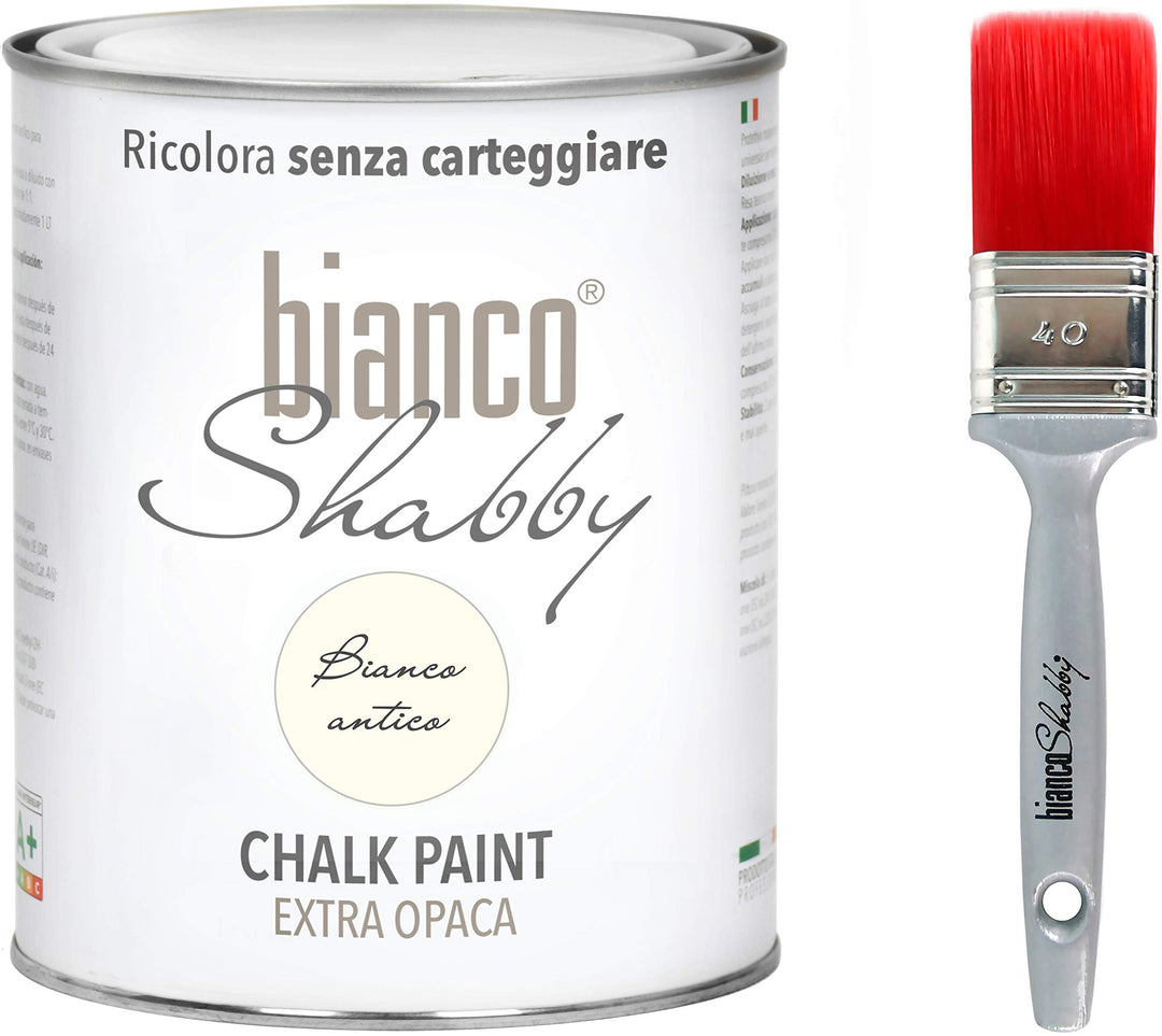 Chalk Paint Antik Weiss & Pinsel - Shabby Chic Vintage Extra Matt (1 Liter) + Professioneller Pinsel