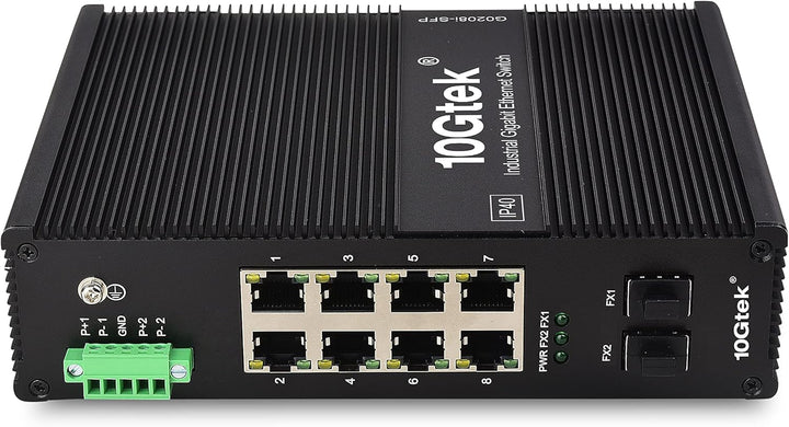 10Gtek Industrial IP40, 10-Port Gigabit Ethernet Switch (w/20-km SFP transceiver), G0208i, DIN-Rail