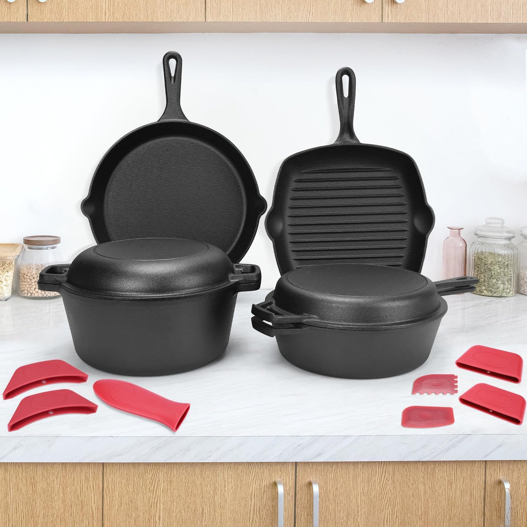 GFTIME Gusseisen Kochgeschirr Set 5-teilig, Gusseisen mit Dutch Oven 5 QT, Schmortopf 3,2 QT mit Pfa