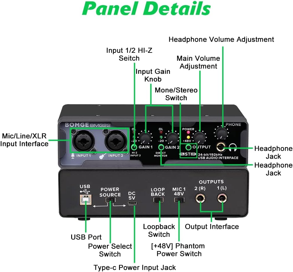 BOMGE USB-Audio-Schnittstelle (24 Bit/192 kHz) mit XLR, Phantomspeisung, Direktüberwachung, Loopback
