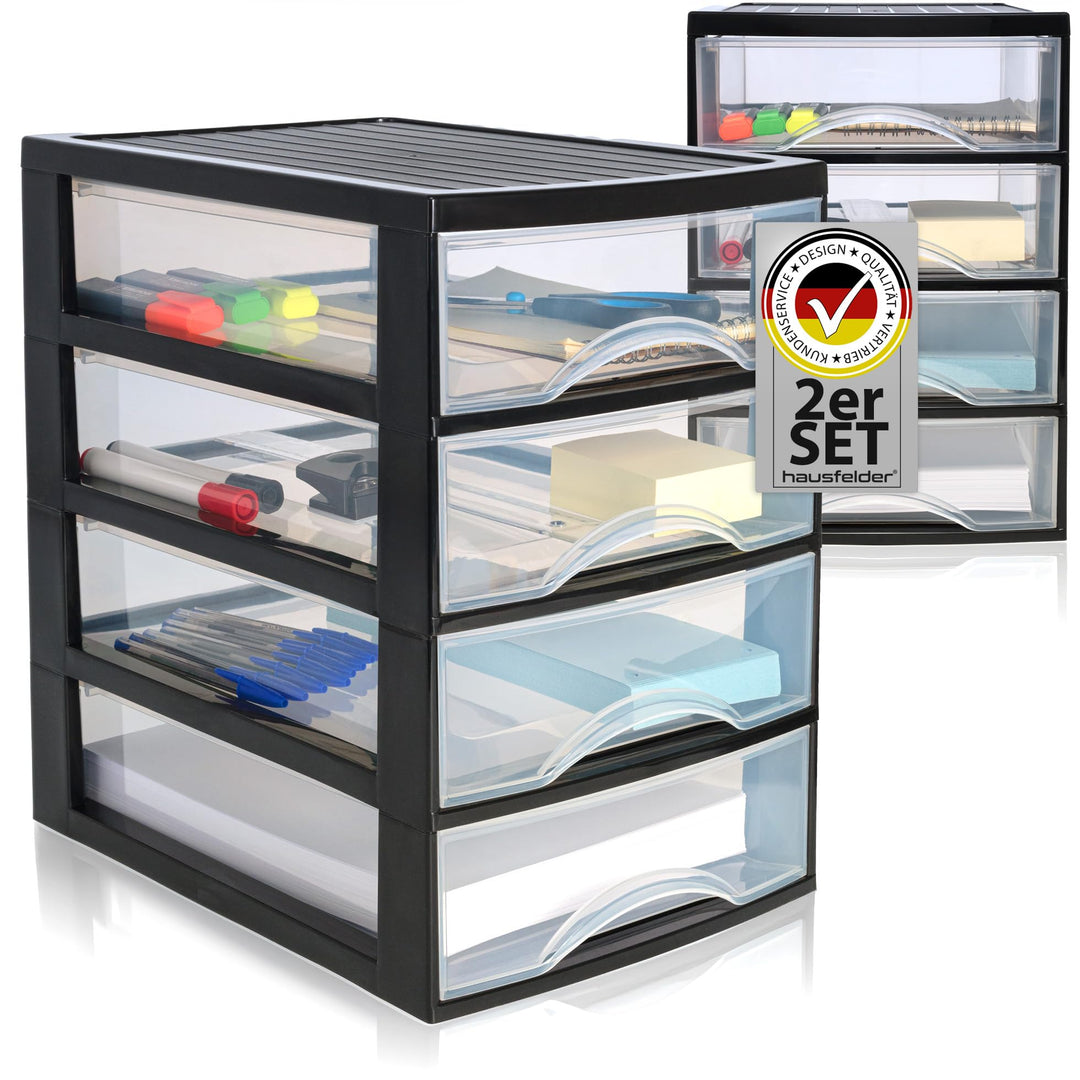 Hausfelder Schubladenbox A4 mit 4 Schubladen, 2er Set Büro Ordnungssystem für Schreibtisch, transpar
