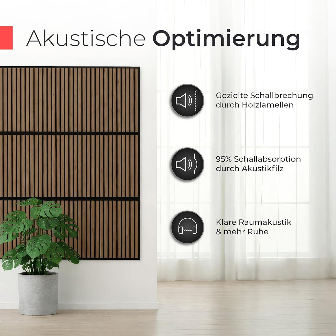 Akustikpaneele Holz – 3er-Set | 60x60cm | Echtholz Walnuss & Akustikfilz Schwarz – 3D Wandpaneele fü