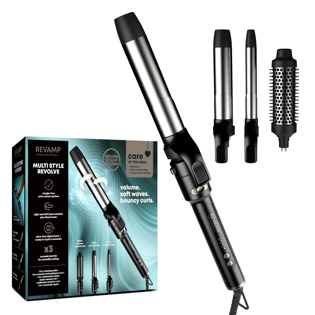 REVAMP Multi Style Revolve 3-in-1 – Automatisch rotierender Lockenstab mit 38 mm Lockenbürste, 32 mm