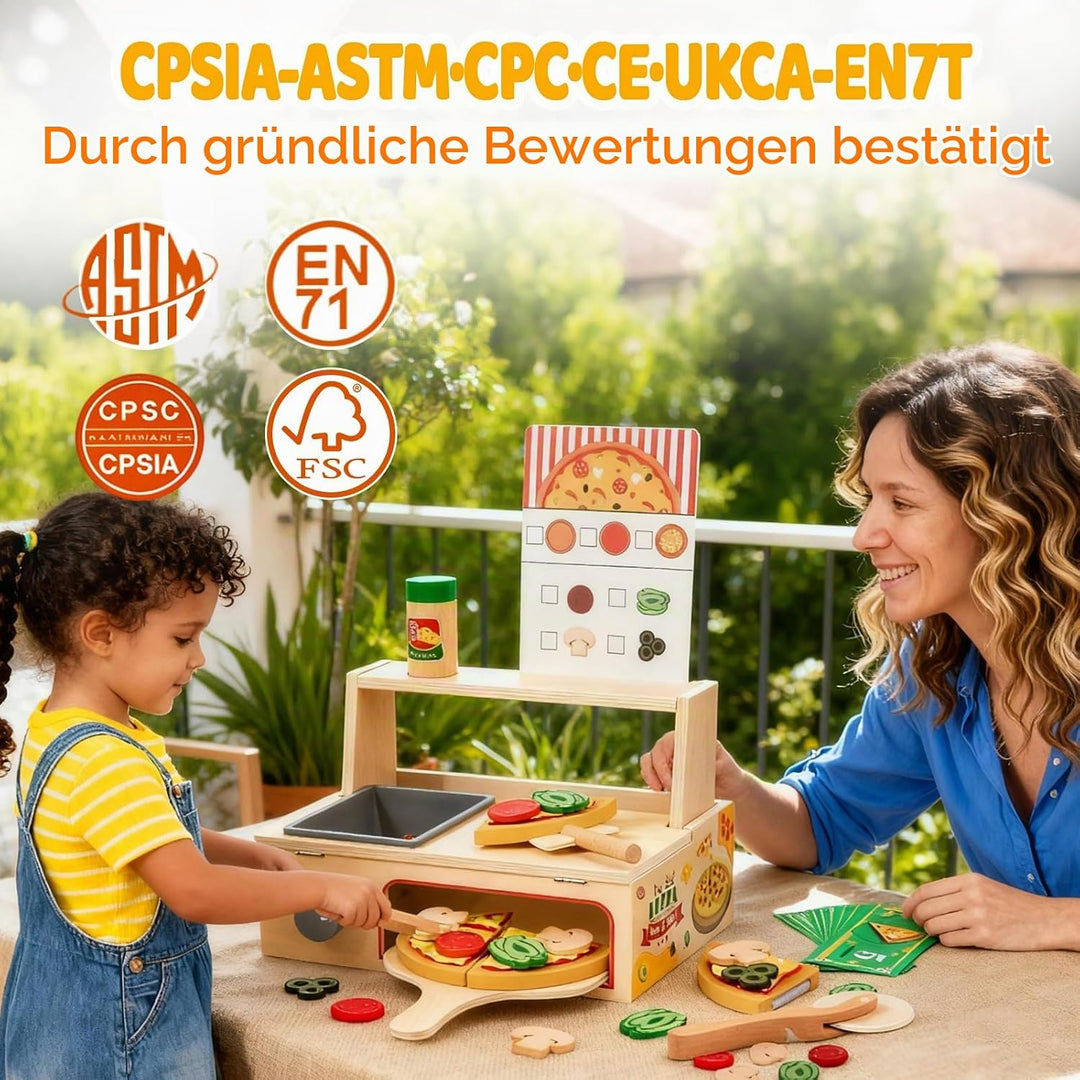 Pizza Holzspielzeug Kinderküche, Spielküche Zubehör Holz, 50PCS Pizzaofen mit Pizzaschneider, Küchen