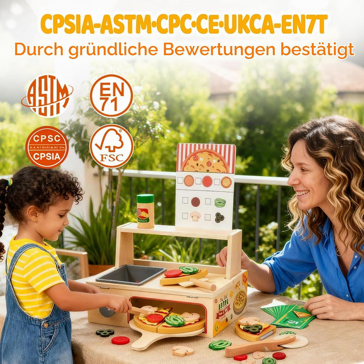 Pizza Holzspielzeug Kinderküche, Spielküche Zubehör Holz, 50PCS Pizzaofen mit Pizzaschneider, Küchen