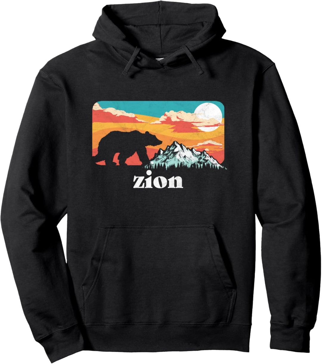 Zion Retro Bear & Mountain Vintage 80s Graphic Pullover Hoodie