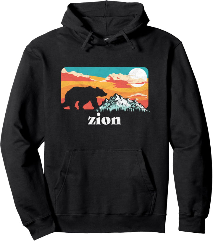 Zion Retro Bear & Mountain Vintage 80s Graphic Pullover Hoodie