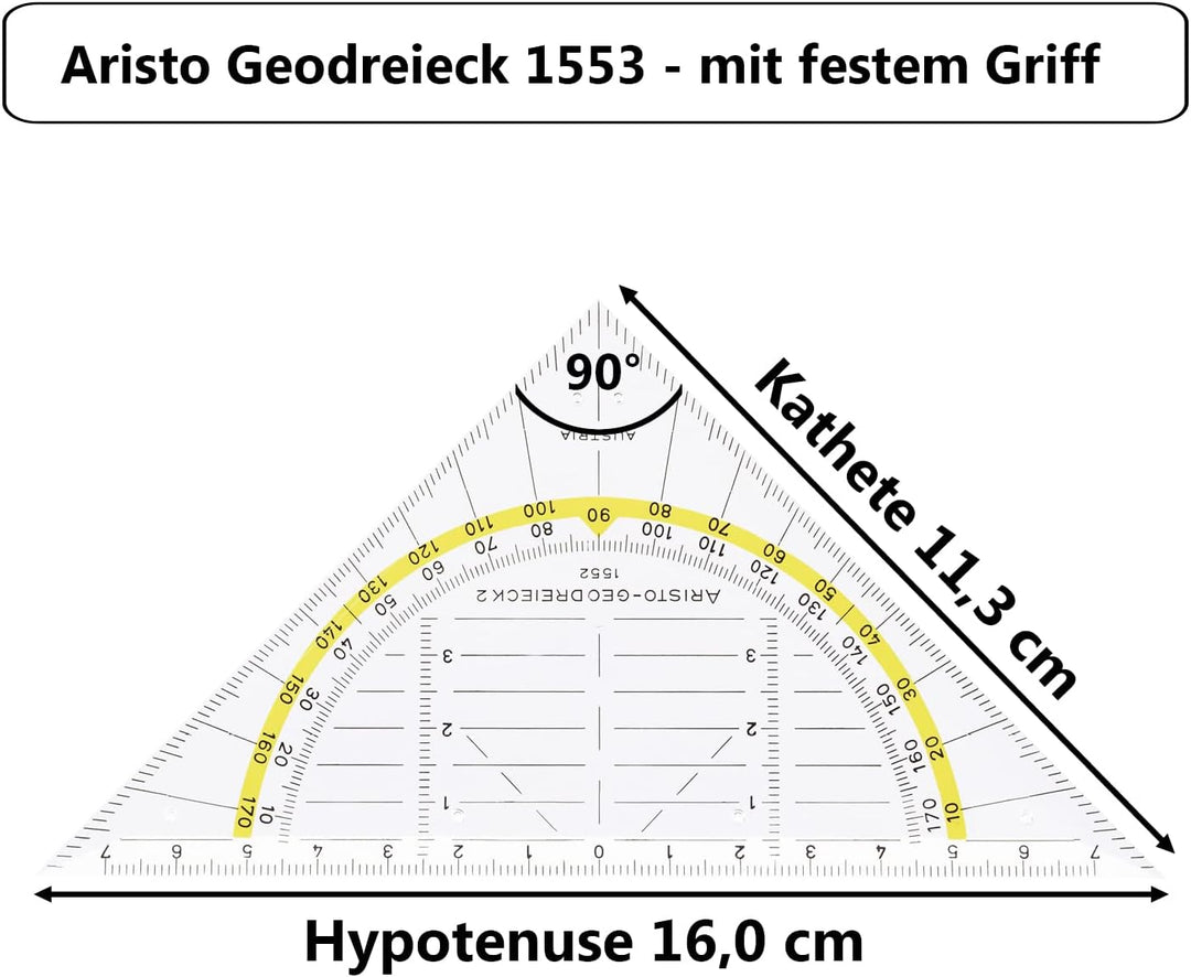 Aristo AR1553 Geodreieck mit festem Griff (Hypotenuse 16 cm, Tuschenoppen, Facette an der Hypotenuse