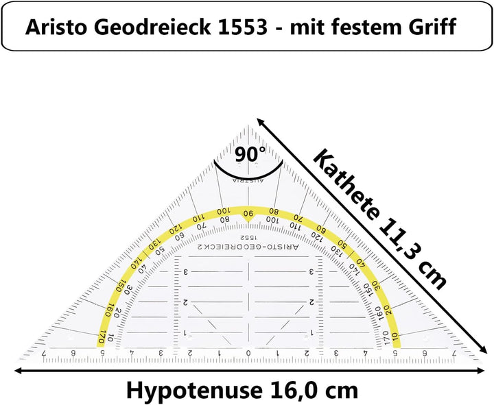 Aristo AR1553 Geodreieck mit festem Griff (Hypotenuse 16 cm, Tuschenoppen, Facette an der Hypotenuse