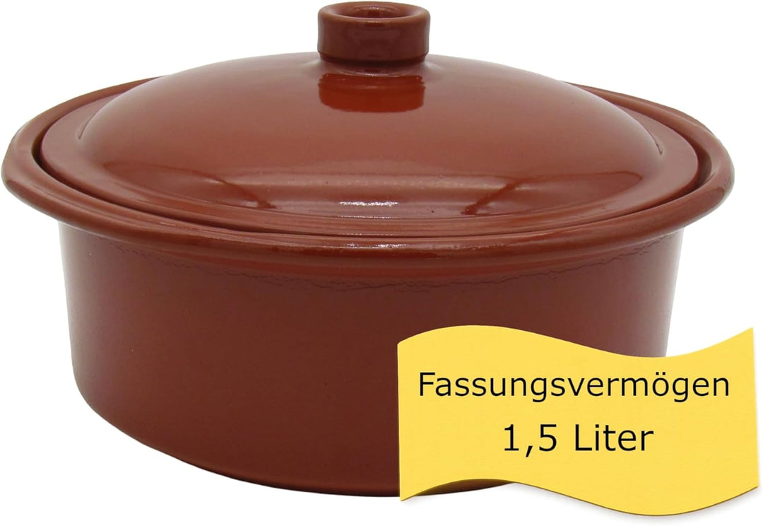 Ton-Cocotte mit Deckel - 1,5 Liter – Glasierter Schmortopf für Ceran, Gas, Ofen & Grill – Mediterran