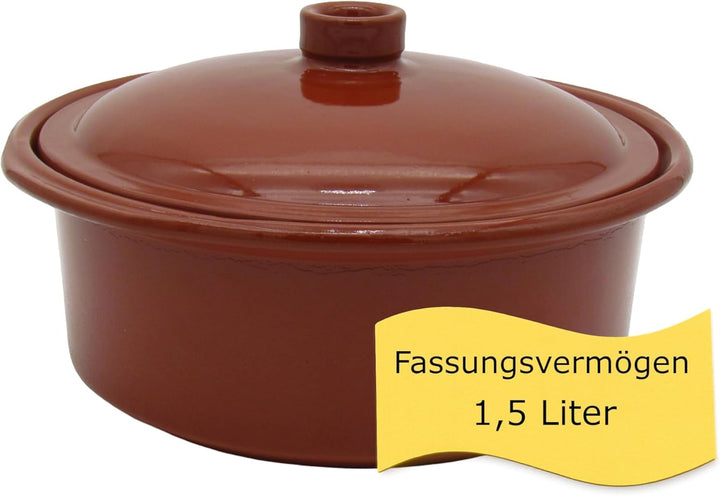 Ton-Cocotte mit Deckel - 1,5 Liter – Glasierter Schmortopf für Ceran, Gas, Ofen & Grill – Mediterran
