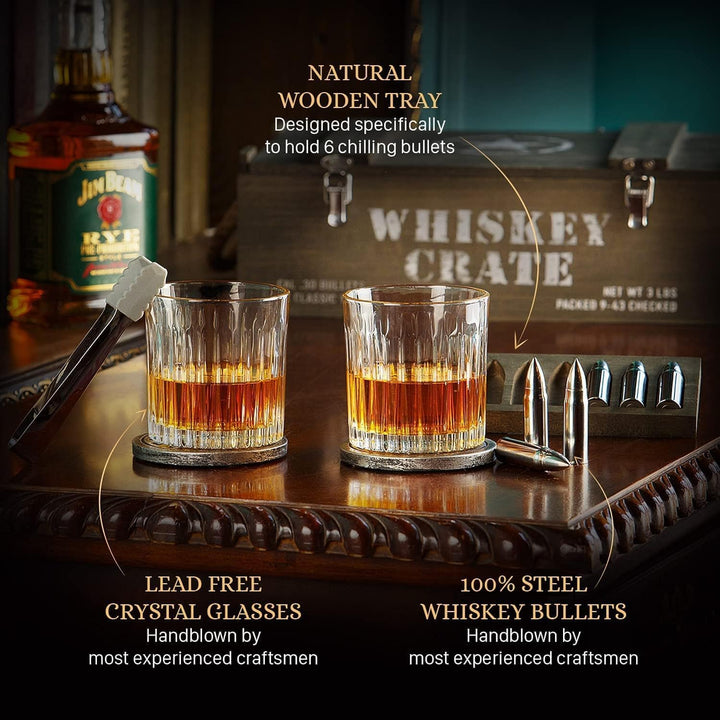 Whisky Geschenkset – Whiskey Gläser, Kugeln Steine und Untersetzer, Eiszange, Holzkiste, Geschichts-