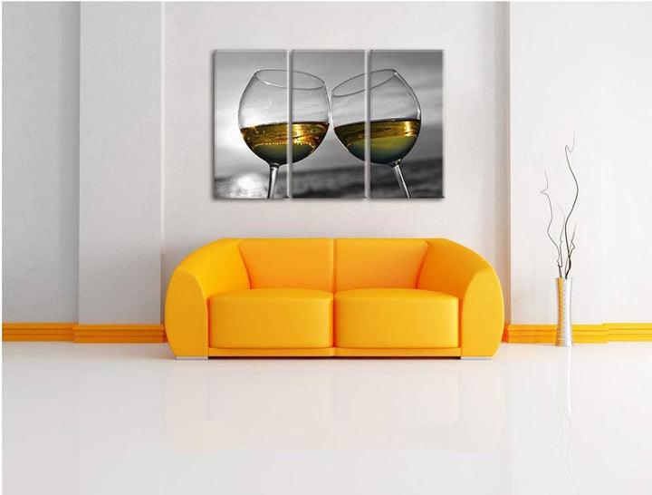 Wein in Gläsern am Meer schwarz/weiss 3-Teiler Leinwandbild 120x80 Bild auf Leinwand, XXL riesige Bi