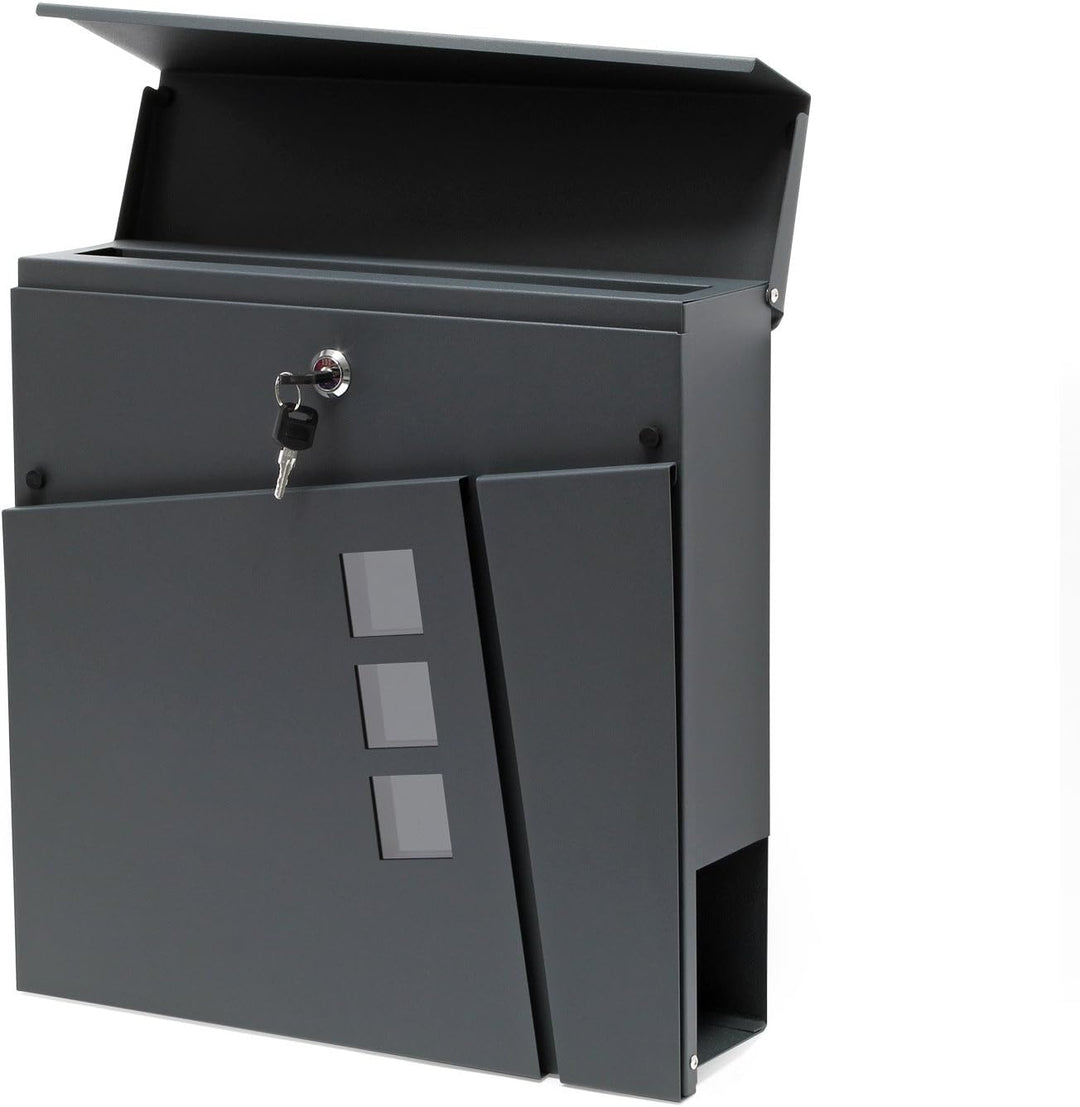 Wiltec Designer Briefkasten V24 Anthrazit 370 x 105 x 370 mm, Wandbriefkasten mit Schloss, Sichtfens