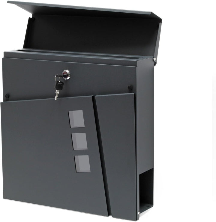 Wiltec Designer Briefkasten V24 Anthrazit 370 x 105 x 370 mm, Wandbriefkasten mit Schloss, Sichtfens