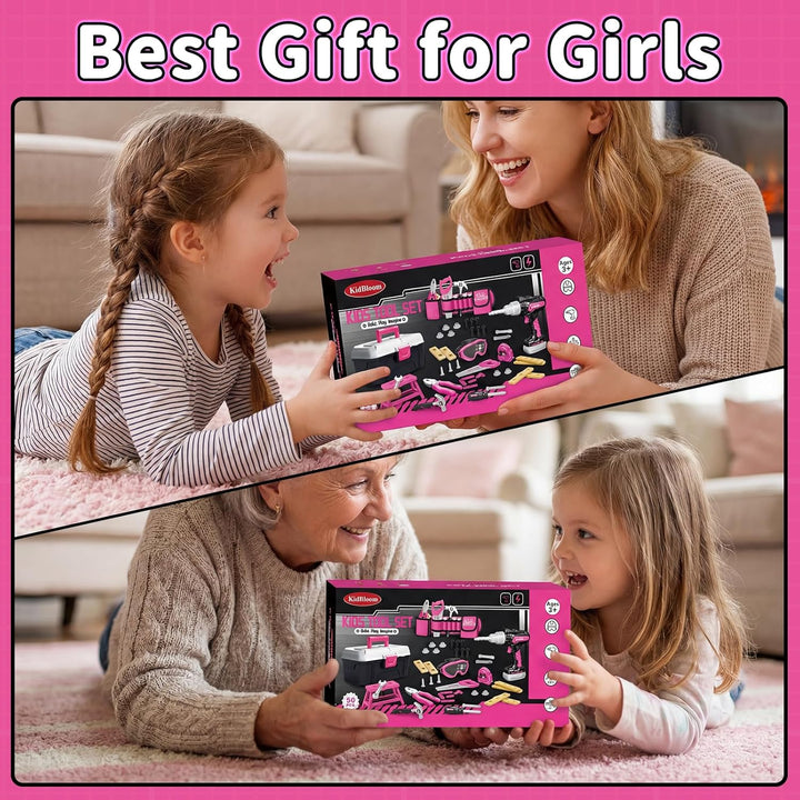 KidBloom Geschenk Mädchen 3 Jahre Werkzeugkoffer Kinder, 50 Stück Kinderspielzeug ab 3 Jahre mit Wer