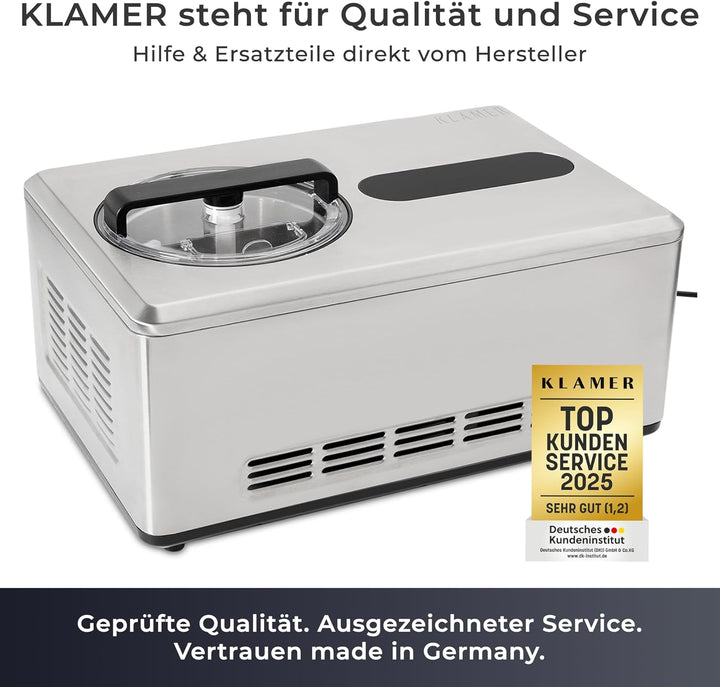 KLAMER 2-in-1 Eismaschine & Joghurtbereiter 2 L, 220 W Eiscrememaschine aus Edelstahl mit Kühl- und