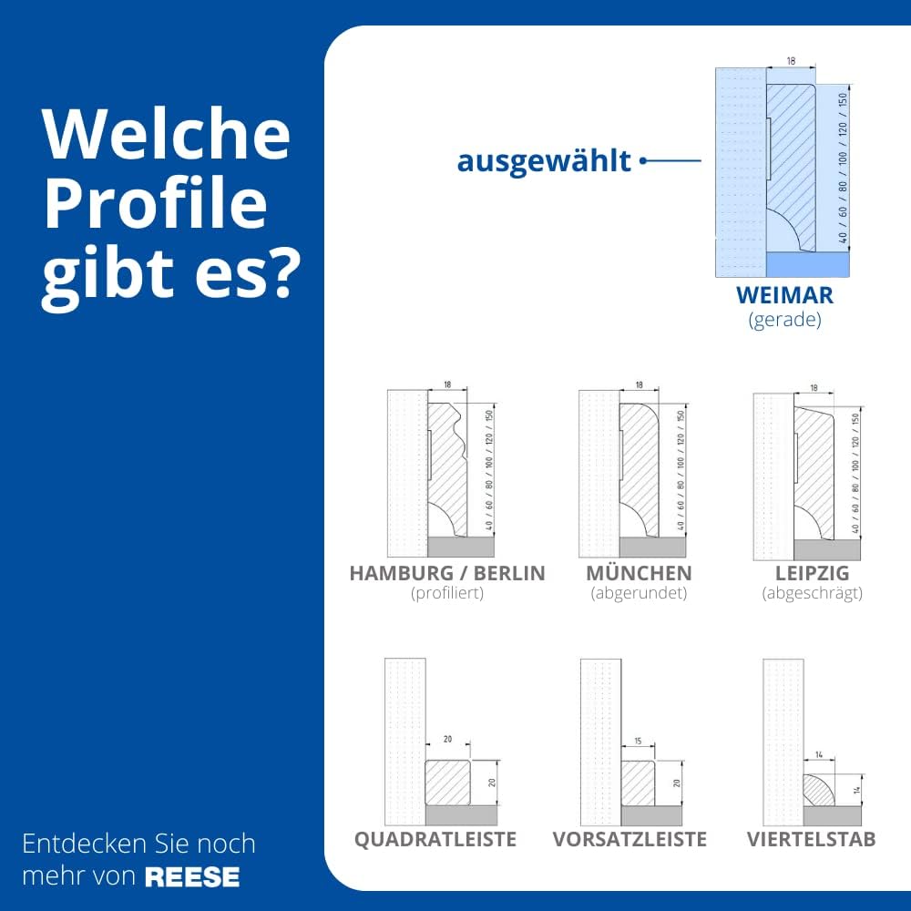 REESE Sockelleisten Schwarz | Weimarer Profil | MDF Folie | 60mm Höhe | 10 Stück / 23 lfm 60mm 10 St