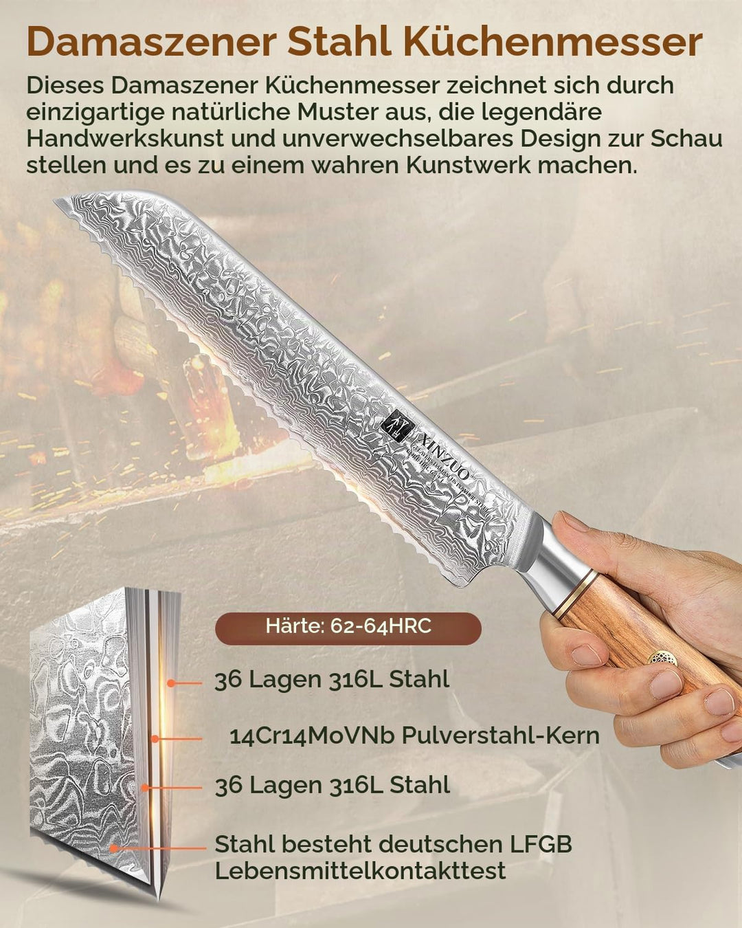 XINZUO Damaststahl Brotmesser 21.2cm, Damastpulverstahl 73 Schichten Küchenmesser, Profi Scharf Dama