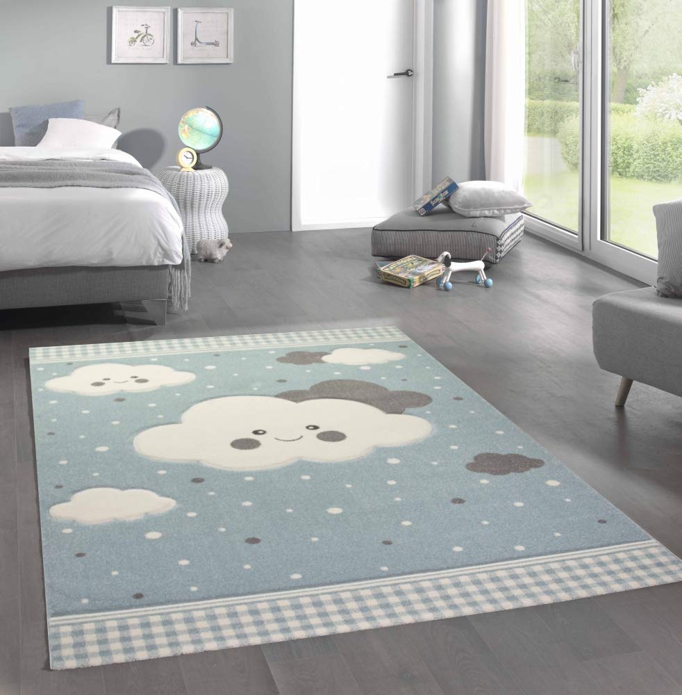 Merinos Teppich für Kinder mit Wolken Spielteppich in Blau Grösse 80x150 cm 80 x 150 cm, 80 x 150 cm