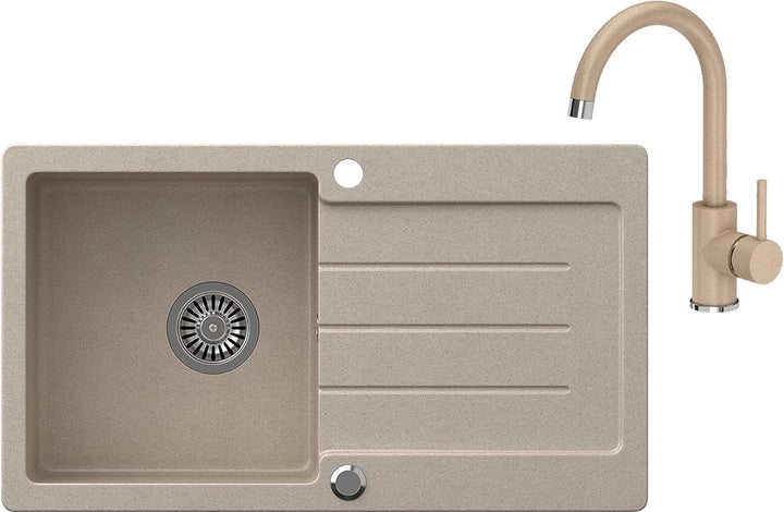 VBChome Spülbecken Beige 77 x 44 cm Granit Einzelbecken Einbauspüle gesprenkelt reversibel Verbundsp