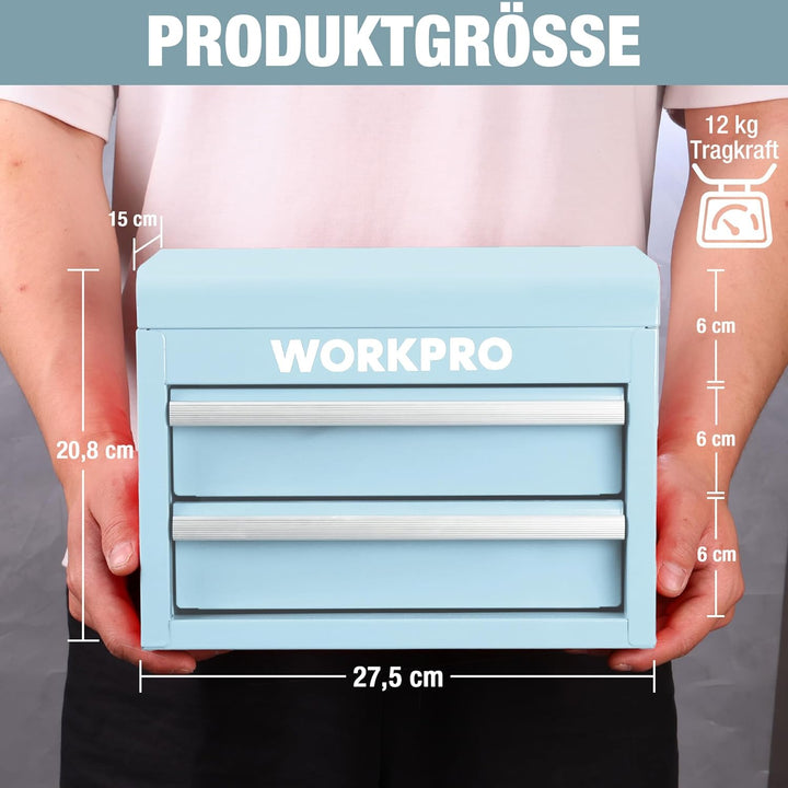 WORKPRO Metall Schubladenbox mit 2 Schubladen & Oberer Stauraum Hellblau, 27,5x15x20,8cm Tisch Organ