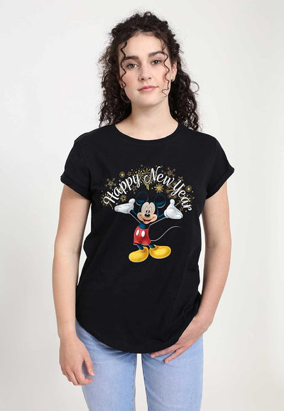 Disney Classics Damen Classic-Mickey Happy New Year Women's Organic Rolled Sleeve T-Shirt M Schwarz,