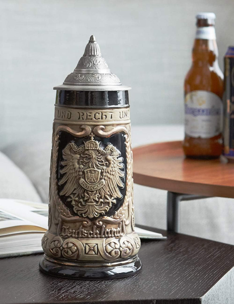 Amoy-Art Bierkrug mit Deckel Steinkrug Bierseidel Deutsch Schild Beer Stein Keramik Mug Geschenk 0.9