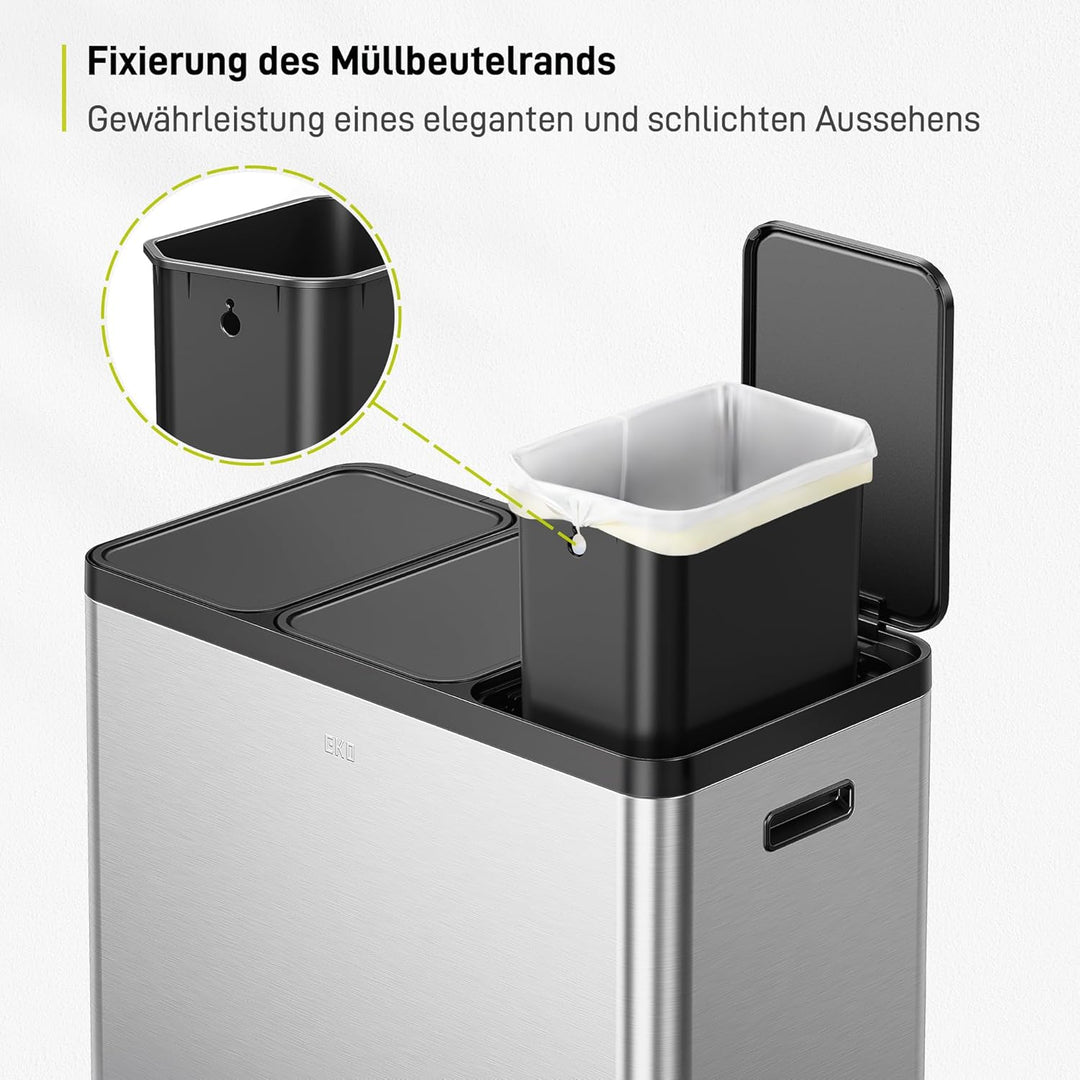 EKO Essential Mülleimer 3 Fächer, 3 x 20 L, Mülltrennsystem Küche, inklusive 20 Müllbeutel, Tretmüll