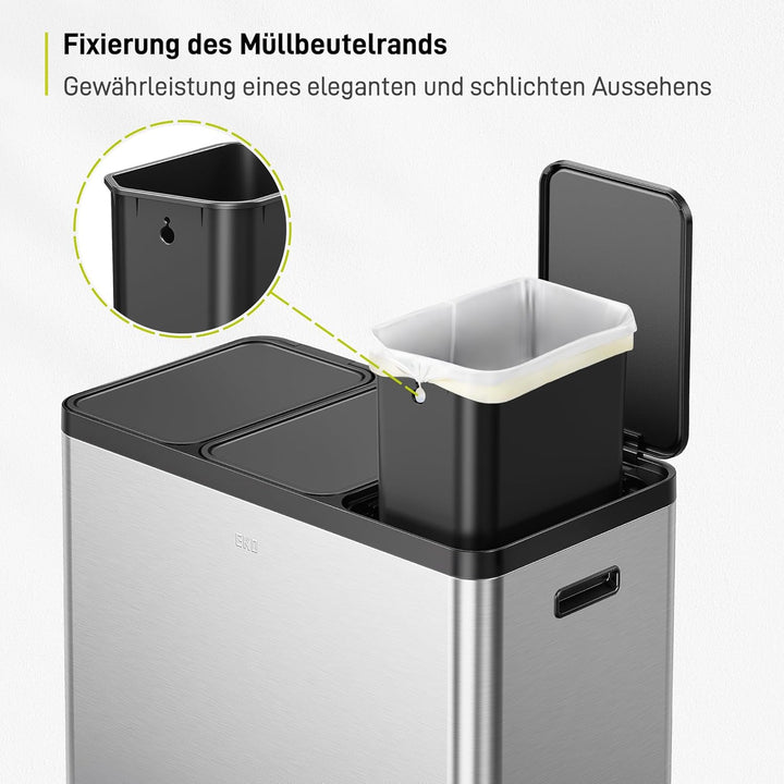 EKO Essential Mülleimer 3 Fächer, 3 x 20 L, Mülltrennsystem Küche, inklusive 20 Müllbeutel, Tretmüll