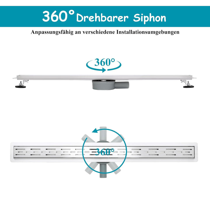 100 * 7cm Duschrinne 304 Edelstahl, Bodenablauf mit 360° Siphon Geruchsstop, Duschablauf mit 2 Ablau