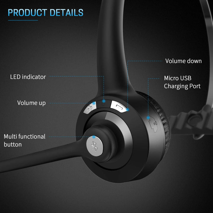Bluetooth Headset mit Mikrofon, Wireless PC Headset mit Rauschunterdrückung Mic, Kopfhörer Bluetooth