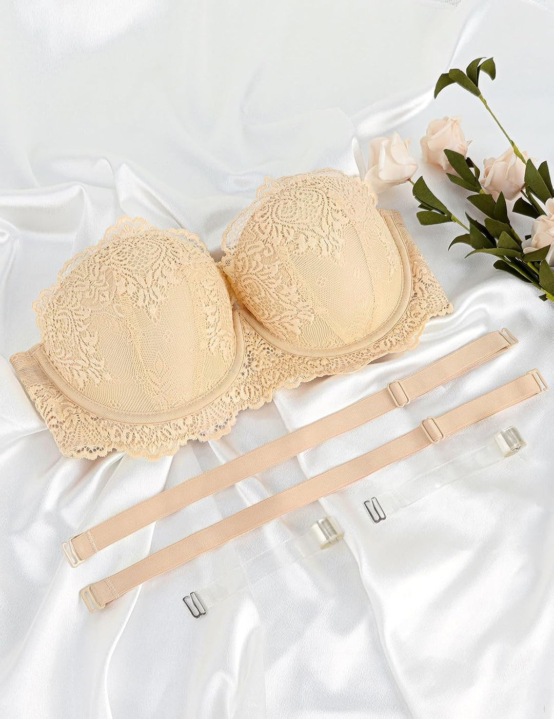 YANDW Trägerloser Stark Gepolsterter Push Up Spitzen BH mit Multiway Transparenten Trägern Trägerlos