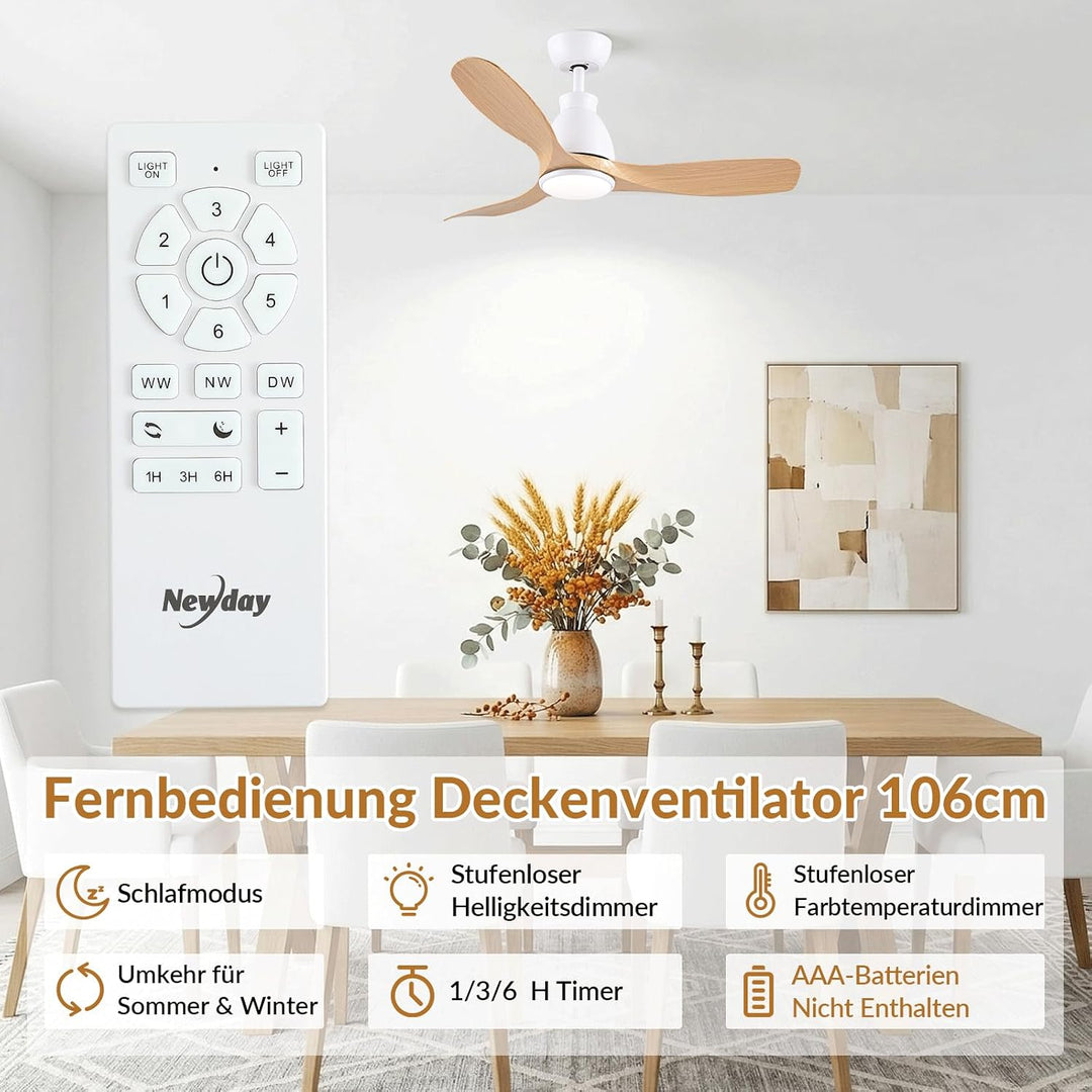 Newday Deckenventilatoren Holzfarbe, 106cm Deckenventilator mit Beleuchtung und Frnbedienung Leise,
