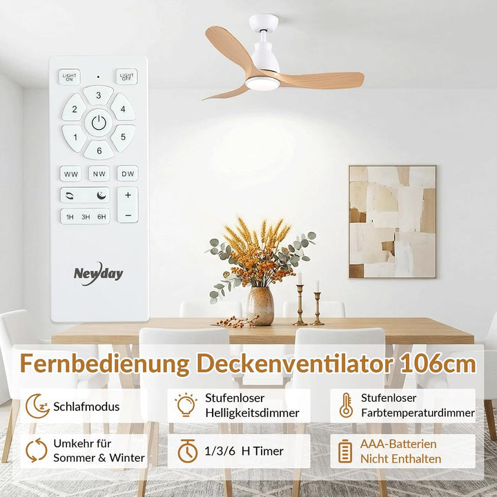 Newday Deckenventilatoren Holzfarbe, 106cm Deckenventilator mit Beleuchtung und Frnbedienung Leise,