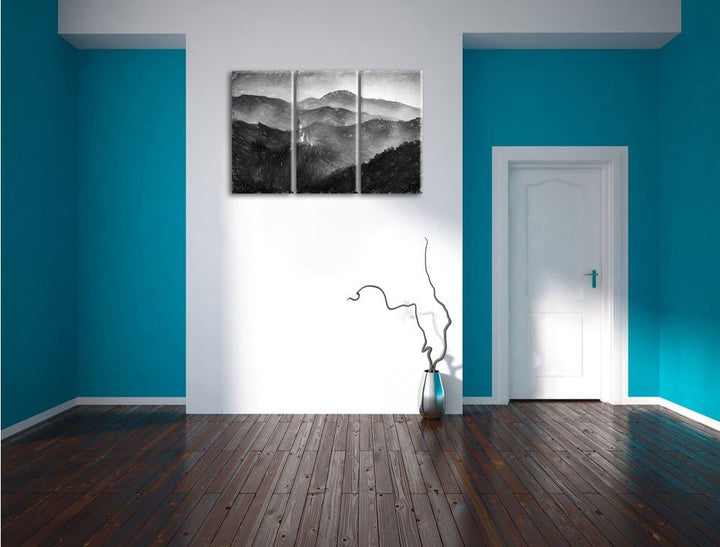 Pixxprint Buddha Bild im Tal der Dunkelheit Kunst Kohle Effekt 3-Teiler Leinwandbild 120x80 Bild auf