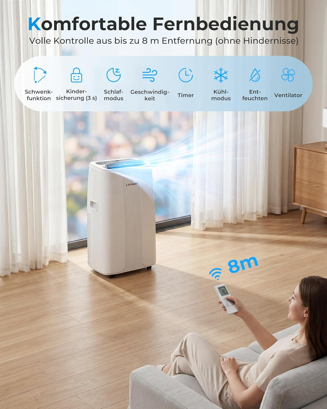 LEENON 14000 BTU Klimaanlage Mobil Klimagerät, 4 in 1 Kühlen Entfeuchten Lüftermodus Schlafmodus, Mo