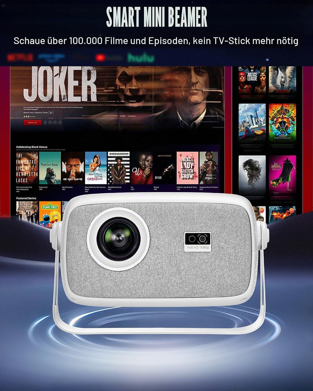 【Offiziell Lizenziertes Netflix &amp; Autofokus】 Mini-Projektor mit WLAN und Bluetooth, 270°-Drehung, ge